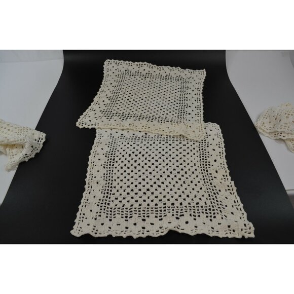 Hand Crocheted Doilies Napkins Pillow Case Lot of 4 Off White Vtg Square Linens - Picture 3 of 9